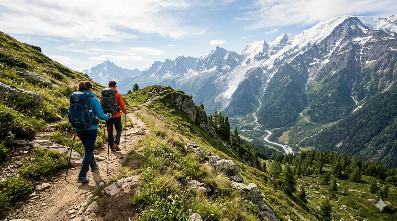 Randonneur devant une chaîne de montagnes au lever du jour