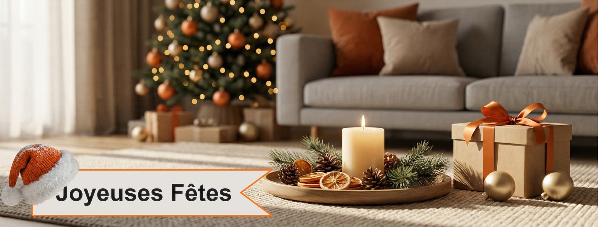 Décor de fêtes chaleureux avec cadeaux et sapin